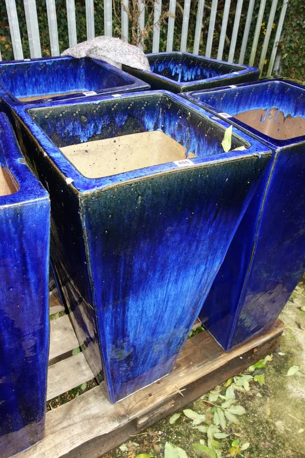 A pair of  large cobalt blue square tapering plant pots. (2)  OUT