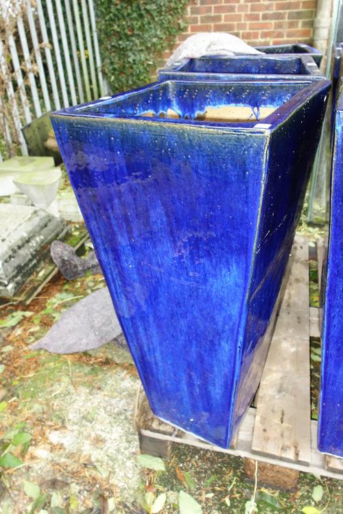 A pair of  large cobalt blue square tapering plant pots. (2)  OUT