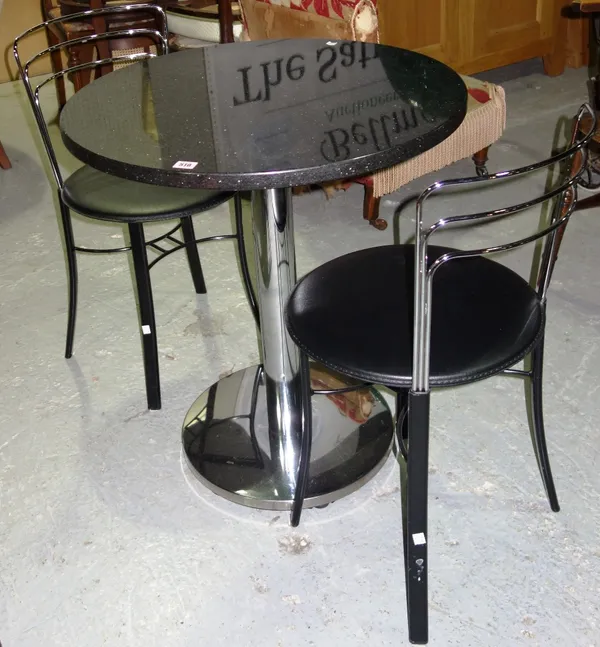 A chrome and granite topped breakfast table and two chairs. (3)   D3