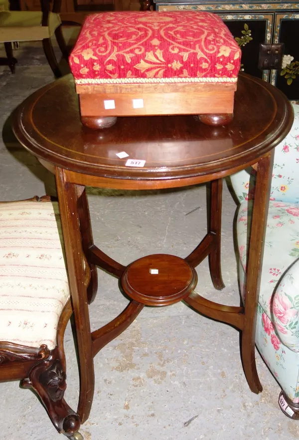 A mahogany circular occasional table and a square foot stool. (2)  G6