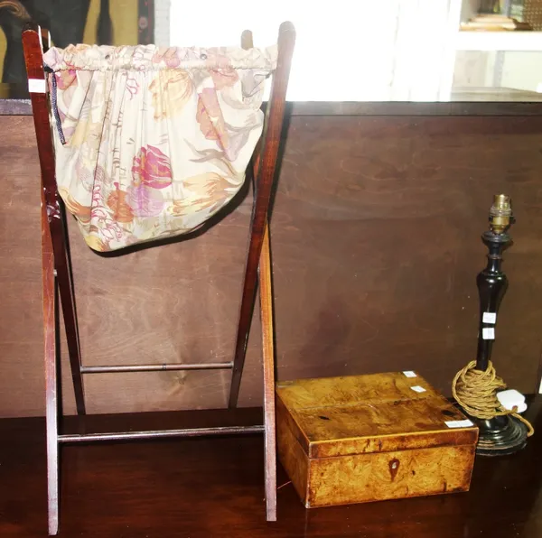 A mahogany standard lamp, a table lamp, a folding wool box and a 19th century mahogany rectangular box (4). D1