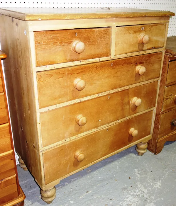 A Victorian pine chest of two short and three long drawers on turned feet, 94cm wide.  D1