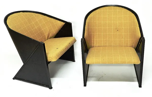 'Inno', Made in England, a pair of 20th century ebonised wood black metal tub back lounge chairs, 63cm wide x 76cm high. E6