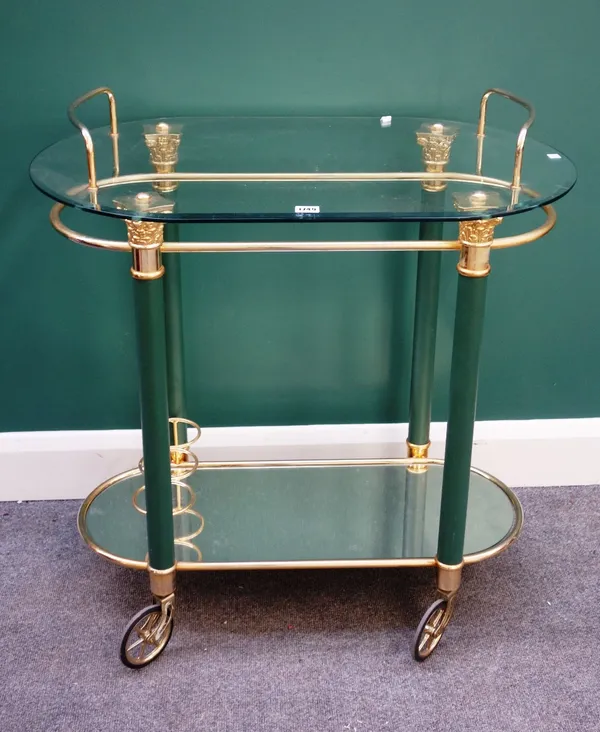 A 20th century two tier drinks trolley, on lacquered brass and green painted Corinthian column supports, 80cm wide.  E6