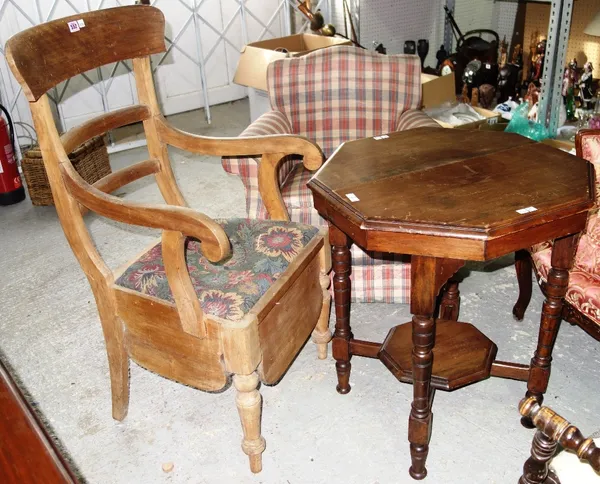 A Victorian bleached mahogany commode chair together with an octagonal occasional table. (2)  A6