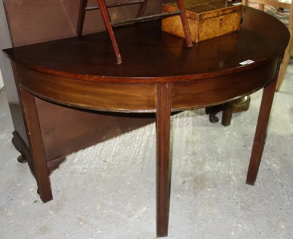 A mahogany 'D' end console table on square supports, 126cm wide.   C6