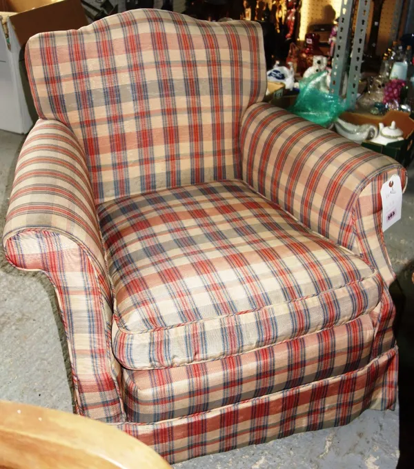 A 20th century red tartan upholstered easy armchair.  C8