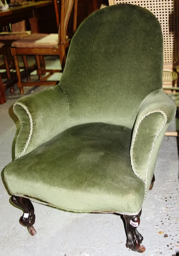 A 19th century mahogany framed green upholstered nursing chair. H8