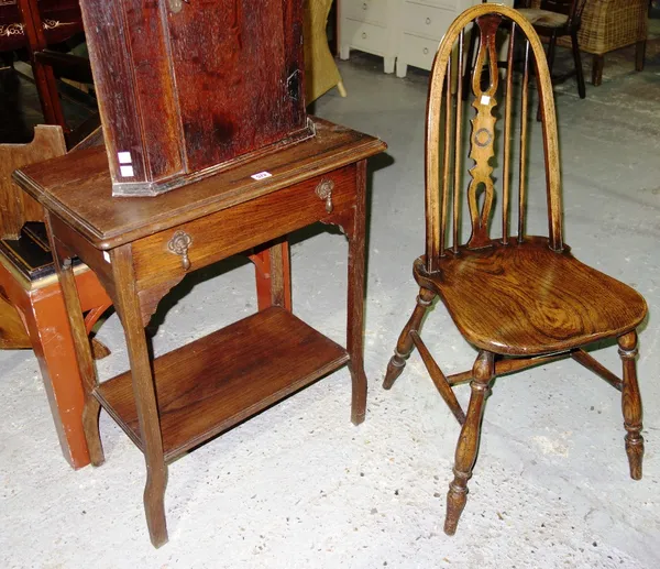 A 20th century oak two tier occasional table and a elm seated single chair. (2)  H5