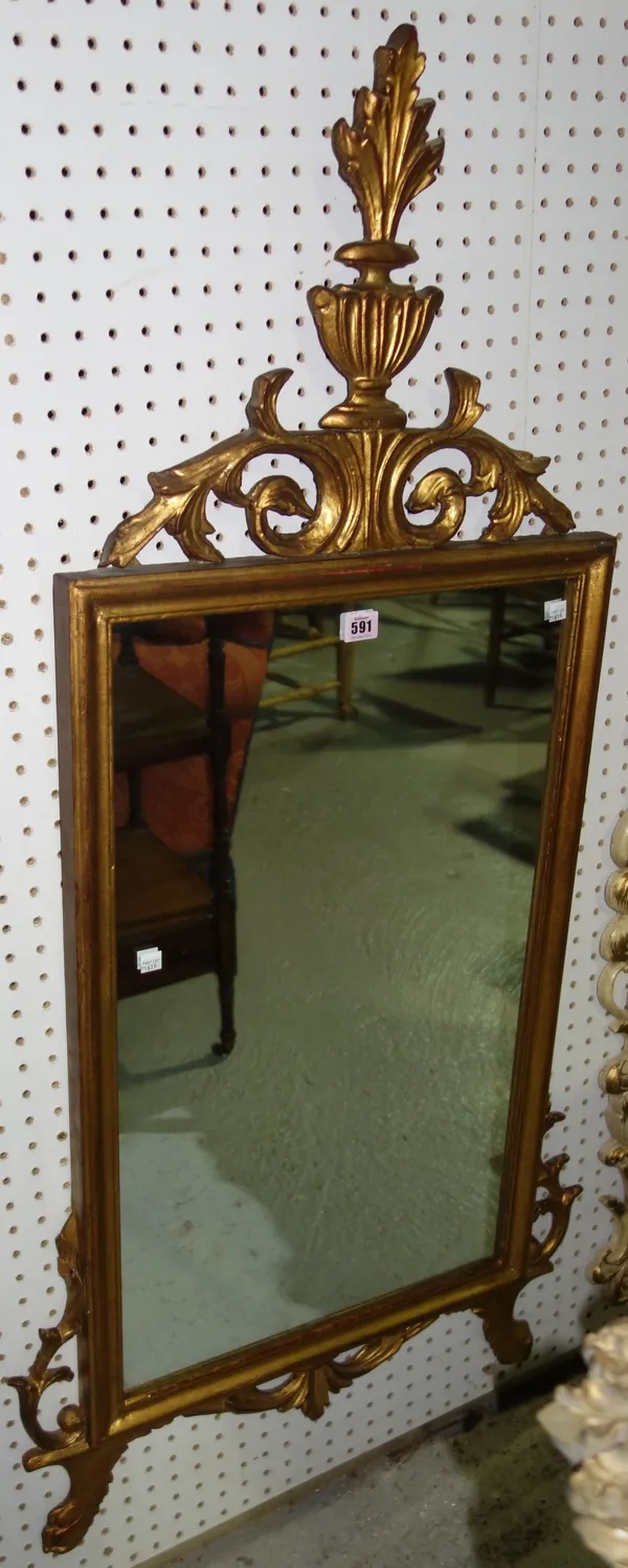 A 20th century Italian gilt wall mirror with vase surmount, overall 65cm x 107cm.   A2