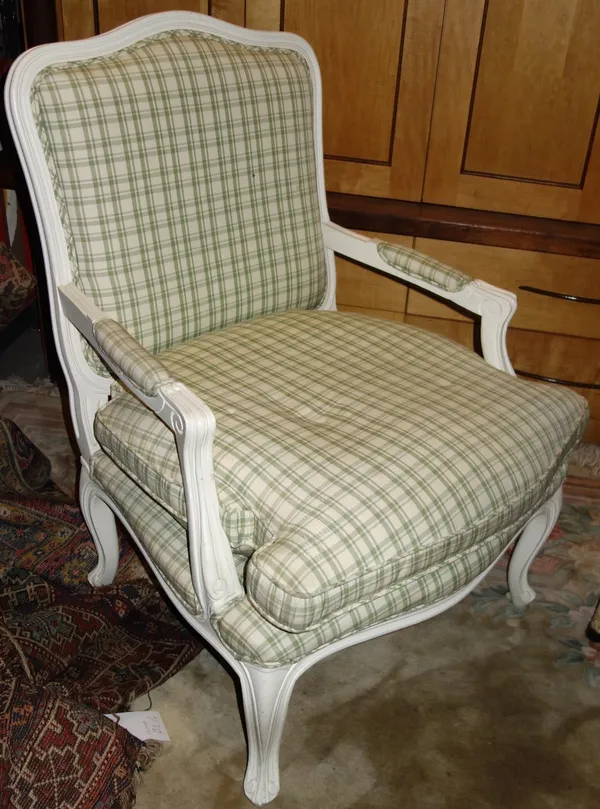 A 20th century white painted fauteuil with green chequered upholstery, a white painted single chair and a small oak table (3).  DIS