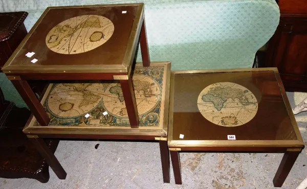 A group of three 20th century mahogany and brass occasional tables with inset map decoration, the larger 63cm wide.   L3