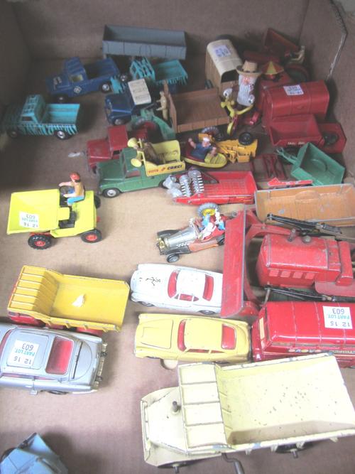 A quantity of Corgi die-cast vehicles, post war, including; six Landrovers, James Bond Aston Martin DB5, 582 car transporter, Volvo P.1800, Blaw Knox