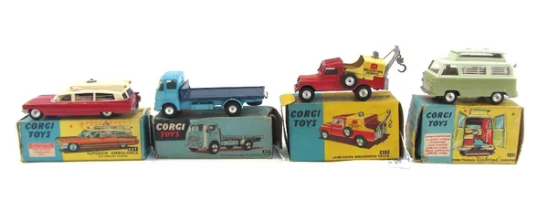 Four Corgi die-cast vehicles, comprising; 437 Superior ambulance on Cadillac chassis, 417 Landrover breakdown truck, 457 ERF model 44G platform lorry,