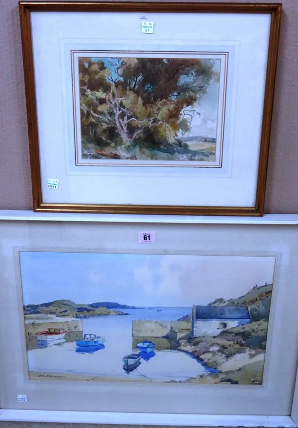 Sam McLarnon (20th century), Ballintoy, Co. Antrim, Northern Ireland, watercolour, signed, 28cm x 46cm.; together with a further watercolour of a tree