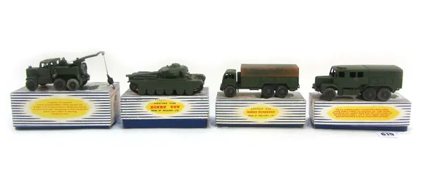 Four Dinky Supertoys die-cast military vehicles, comprising; 689 medium artillery tractor, 622 ten ton army truck, 661 Recovery tractor and 651 Centur
