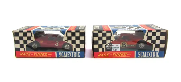 Five vintage Scalextric racing cars, comprising; C/86 Porsche, C/82 Lotus, C/85 BRM, a C18 Ford 3L and a C16 Ferrari P4, all boxed (5).