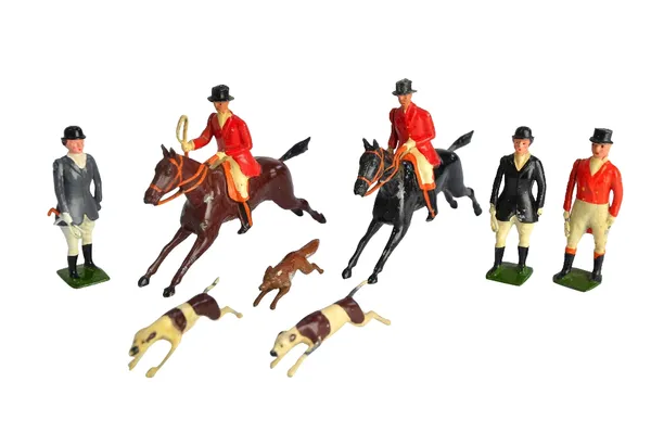 Britains hollow cast lead Hunting Series figures, including fourteen mounted riders, seven standing figures, twenty four hounds and two foxes (47).  I
