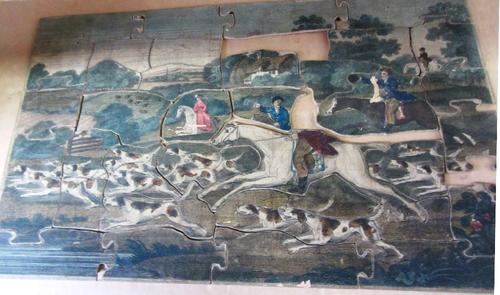 A mid 19th century wooden puzzle, 'The Fox Hunt', in original mahogany box, and a 19th century game 'Schimell or Bell & Hammer', also boxed (a.f) (2).