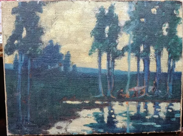 English School (20th century), A wooded river scene, oil on canvas, unframed, 28cm x 38cm.  M1