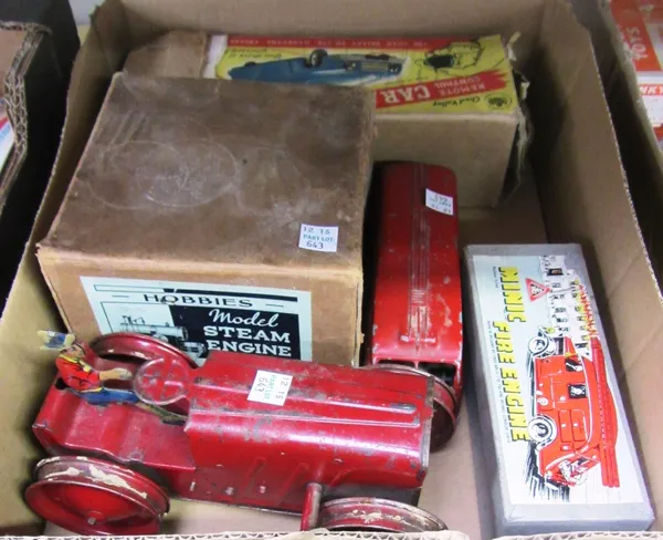 A Minic fire engine, boxed, a Triang Tractor no.2, a Hobbies S.E.I. steam engine, a Chad Valley remote control car, and a Mettoy clockwork bus (5).