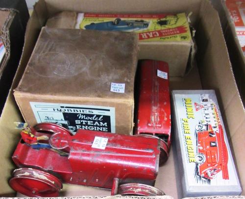 A Minic fire engine, boxed, a Triang Tractor no.2, a Hobbies S.E.I. steam engine, a Chad Valley remote control car, and a Mettoy clockwork bus (5).