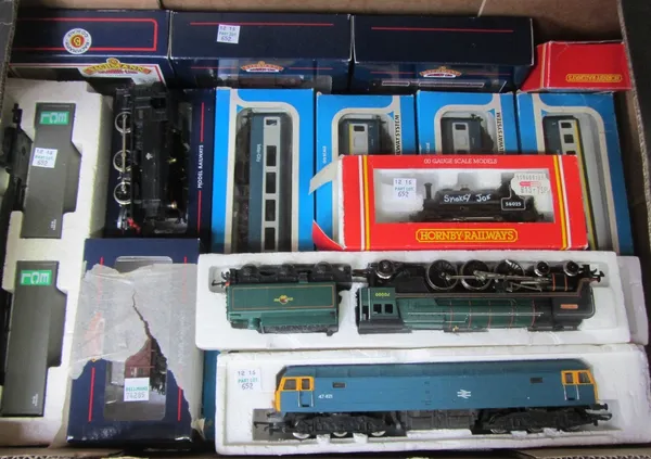 A Hornby OO gauge 'Britannia' locomotive and tender, together with three further locomotives, coaches, wagons, rolling stock and accessories (qty).