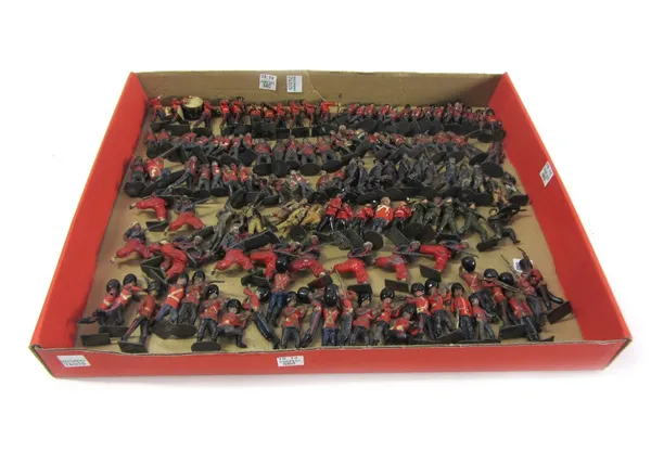 A quantity of Britains hollow cast lead soldiers and military figures, pre-war, including; red coats, Navy, marching band, Highlanders, mounted riders