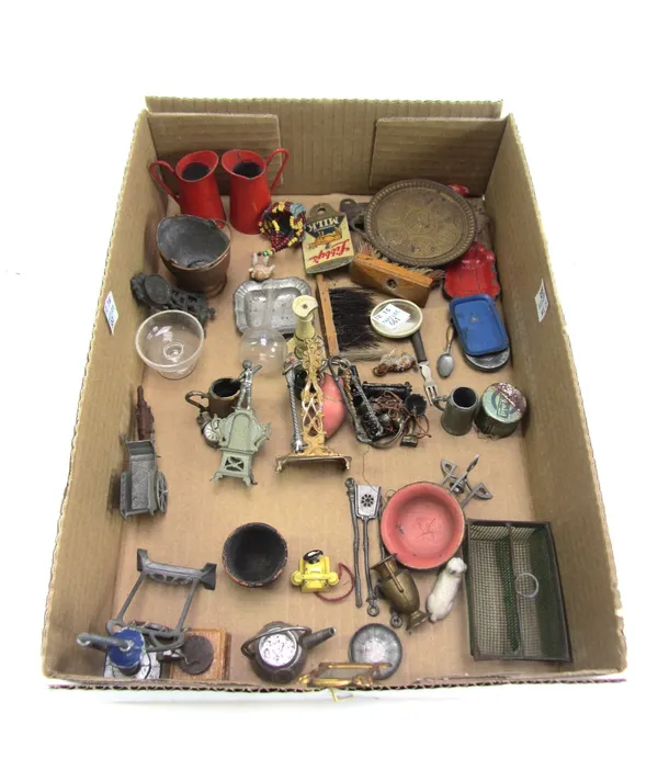 A quantity of vintage dolls house furniture and accessories, mainly metal items, including; a gilt wall mirror, a lamp post, a wash basin and stand, a