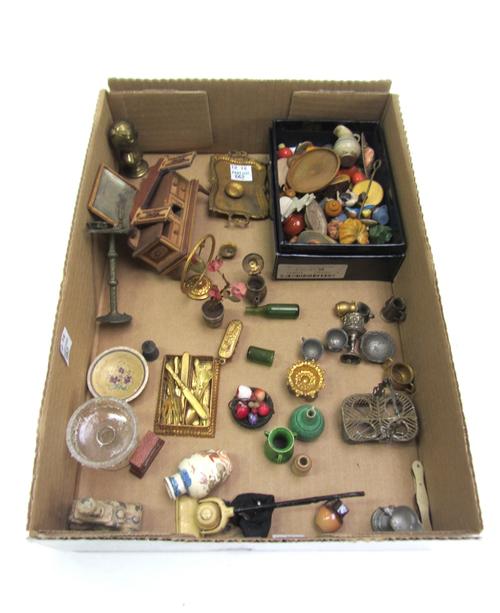A quantity of vintage dolls house furniture and accessories, mainly metal items, including; gilt metal cutlery and pierced basket, a hoover, a mantel
