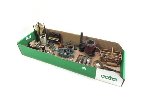 A quantity of vintage dolls house furniture and accessories, mainly metal items, including; cutlery and a three division mesh basket, a step ladder, a