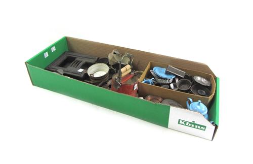 A quantity of vintage dolls house furniture and accessories, mainly metal items, including; a cast iron fireplace, 15.5cm high, a mangle, various enam