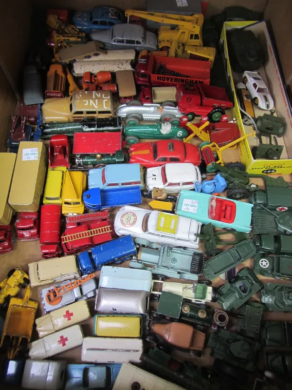 A quantity of die-cast vintage vehicles, playworn, including military Dinky and Matchbox 1-75 models, also Spot-on, Models of Yesteryear and Matchbox