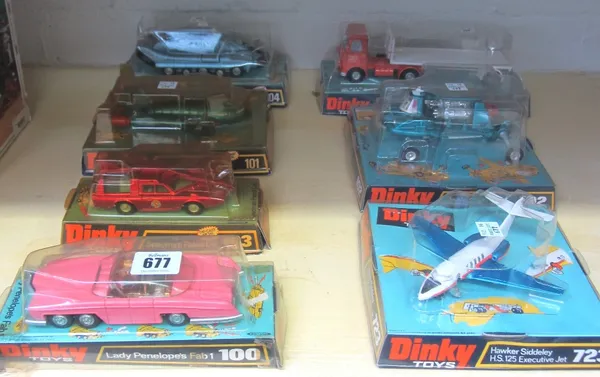 Five Dinky die-cast vehicles, from the Thunderbirds range, comprising; 100 Lady Penelopes Fab1, 101 Thunderbirds 2 and 4, 102 Joe's Car, 103 Spectrum