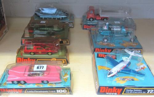Five Dinky die-cast vehicles, from the Thunderbirds range, comprising; 100 Lady Penelopes Fab1, 101 Thunderbirds 2 and 4, 102 Joe's Car, 103 Spectrum