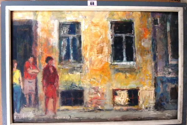 Continental School (20th century), Figures outside a building, oil on board, indistinctly signed, 38.5cm x 58.5cm.  M1