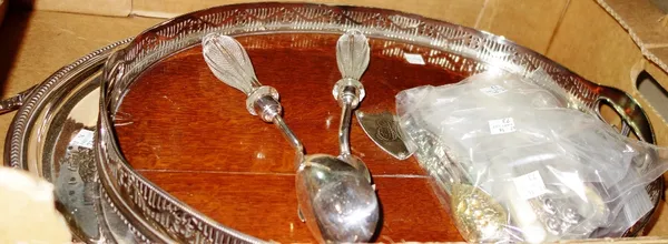 An oak and silver plated galleried tray, an oval twin handled plated tray, a pair of glass handled salad servers and a group of plated flatware.   S2T