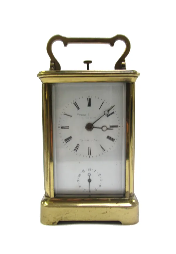 A French brass cased hour repeating carriage clock, 19th century, the white enamel dial plate indistinctly marked with maker's name and set with subsi