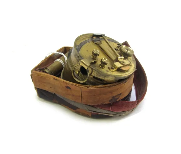 Elliot of London; a brass cased pocket sextant, late 19th century, with detachable lens and partial leather case, 8cm diameter.