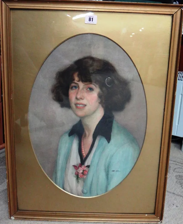 O** H** (early 20th century), Portrait of a young lady, watercolour, signed with initials and dated 1917, oval, 48.5cm x 33cm.  M1