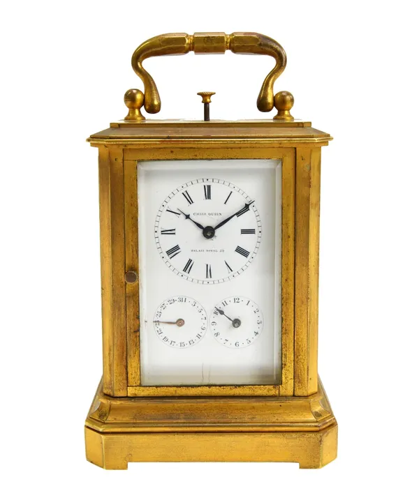 A French brass cased striking and quarter repeating carriage clock, circa 1840, signed 'Charles Oudin, Palais Royal 52', the white enamel dial plate w