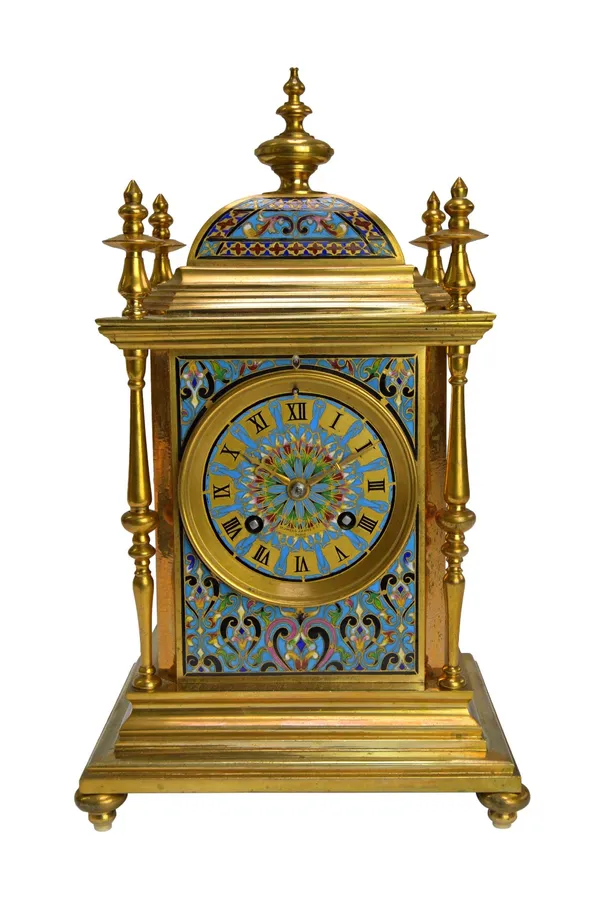 A French gilt bronze and champlevé enamel striking mantel clock, Howell James & Co, Paris, late 19th century, housed under a glass dome on a shaped eb