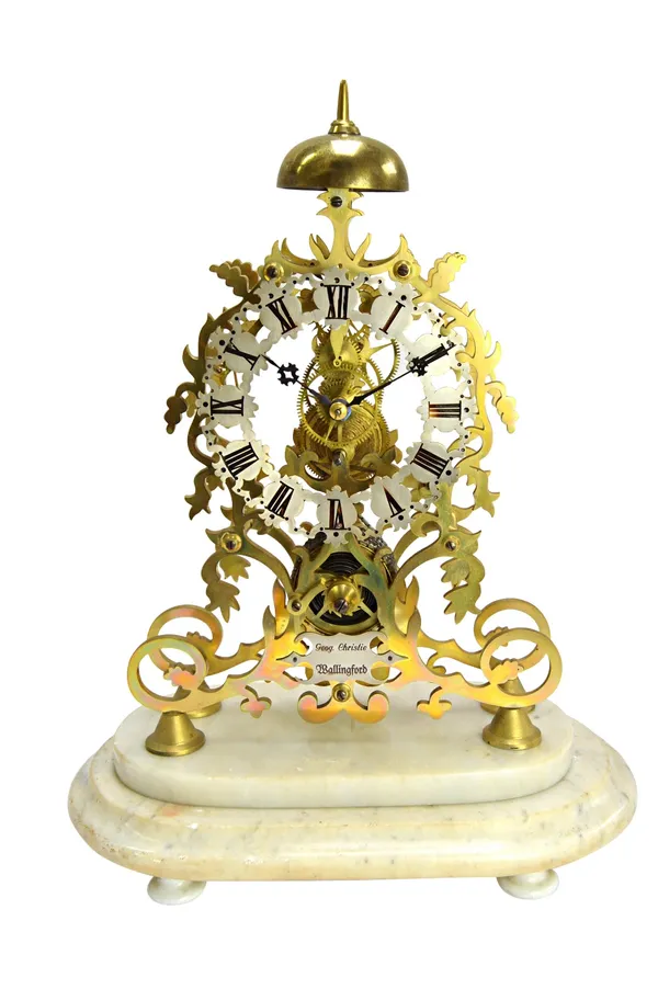 A Victorian brass skeleton timepiece with passing strike retailed by George Christie, Wallingford, C.1870, housed under a glass dome on a marble foote