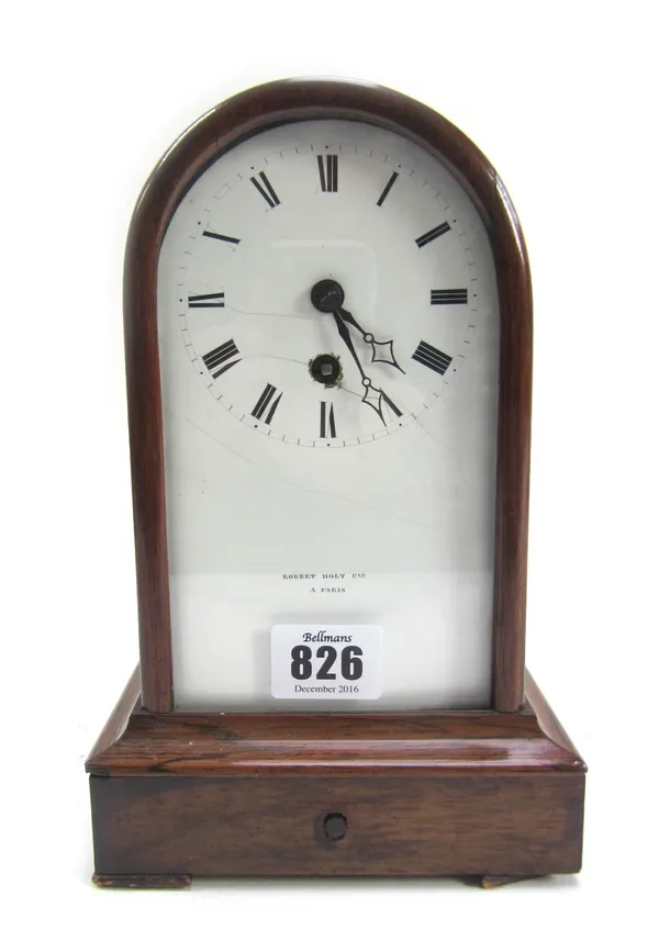 A French rosewood cased mantel clock, the arched hood enclosing a white enamel dial plate detailed 'Robert Holt a Paris', with a single train movement