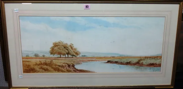 Circle of George Oyston, River landscape, watercolour, indistinctly signed, 30cm x 73cm.  L1