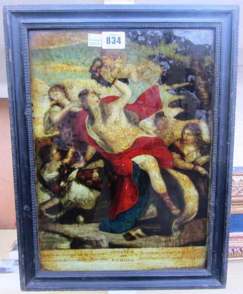 Four early 19th century reverse painted prints on glass, comprising; 'Jupiter and Europa', 35cm x 25cm, 'Renaldo and Alemida', a George III bust portr