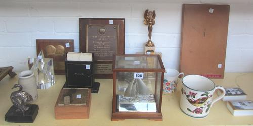A quantity of trophies and presentation plaques for 'Fleur Cowles', also two Rosenthal porcelain trinket boxes and covers printed with images of The S
