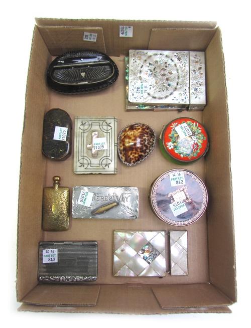 A French 19th century tortoiseshell and gold inlaid circular patch box and cover (7cm dia), two Victorian mother of pearl decorated visiting card case