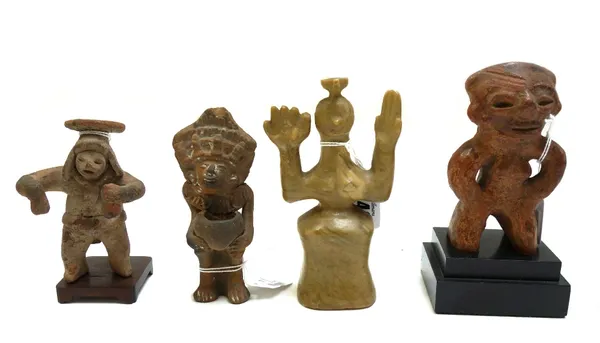 Three small Pre-Columbian style terracotta figures including a Colima style standing figure and a carved green hard stone figure with upraised arms, t