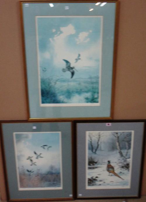John Cyril Harrison (1898-1985), Pheasant; Mallard in flight, Woodcock, three colour reproduction prints, all signed and numbered, the largest 58cm x